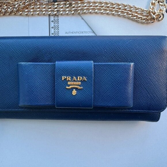 Prada Saffiano Blue Leather Long Wallet. 3 Way Use. W/no Brand Chain - Picture 13 of 16